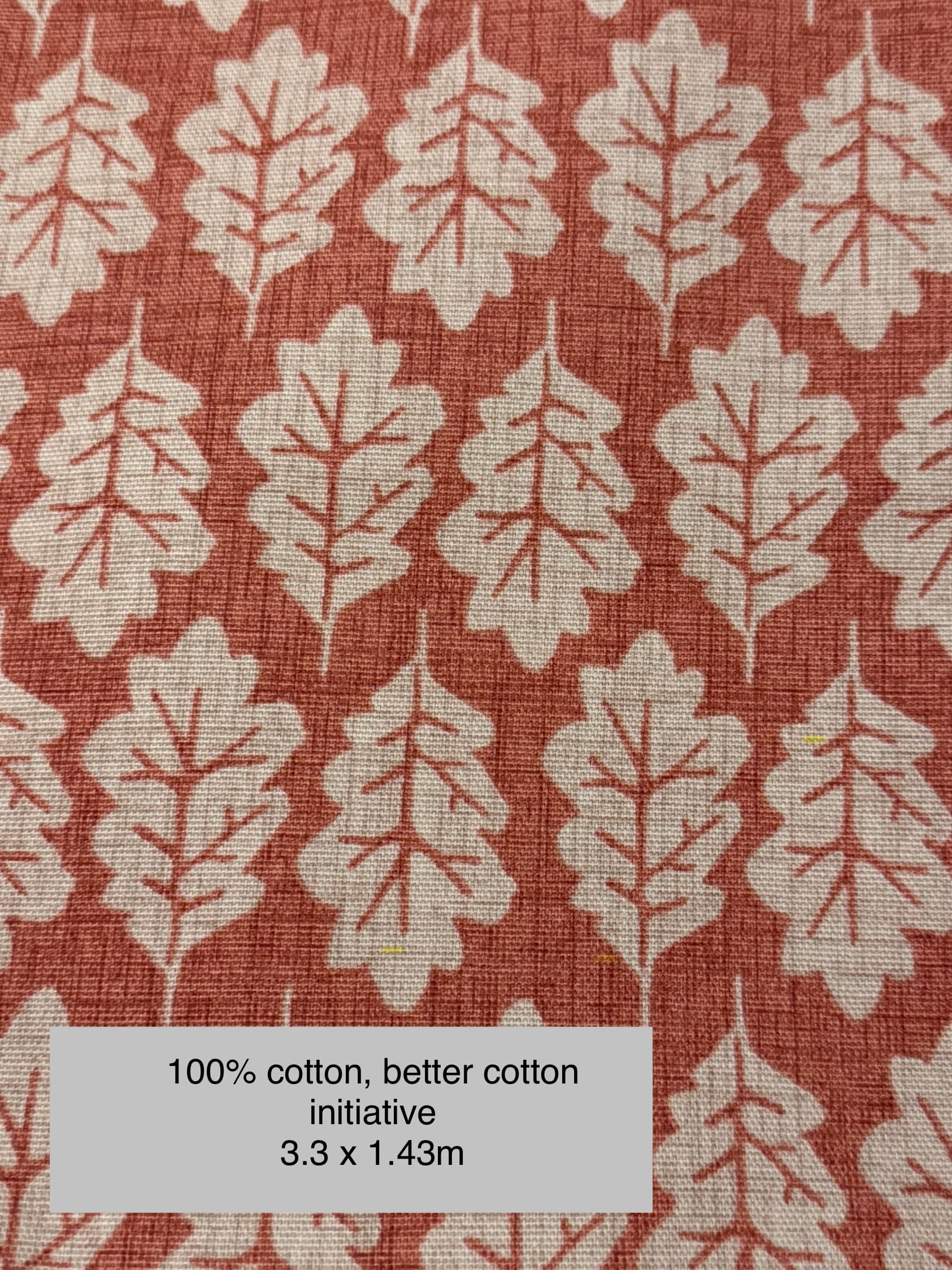 1.1 m Remnant 100% Cotton, Fairtrade, BCI, neutral leaf on rust background, oakleaf print, medium weight upholstery fabric
