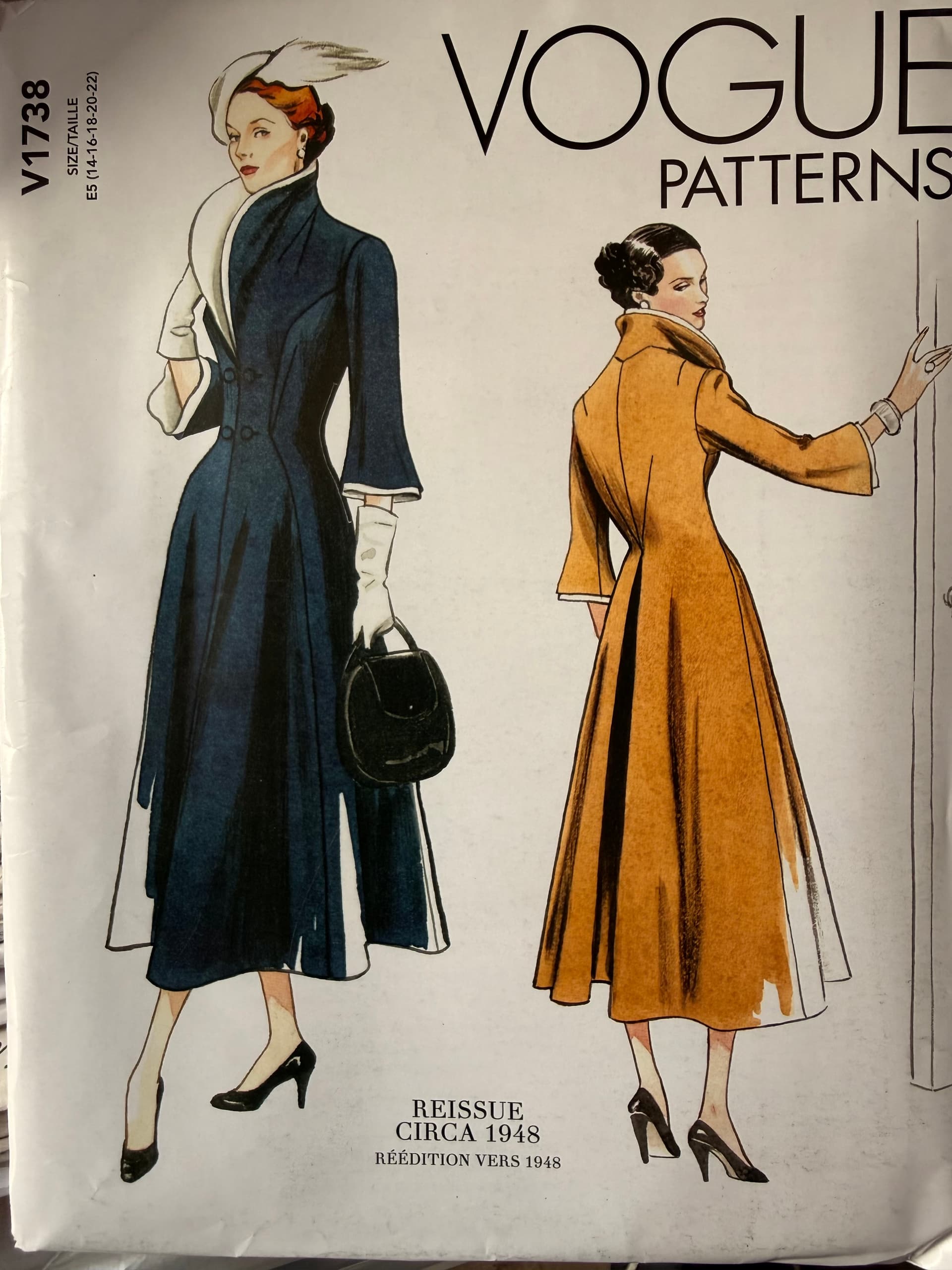 Sewing pattern Vogue 1738, Re-issue of circa 1948 dress pattern. Large format envelope.