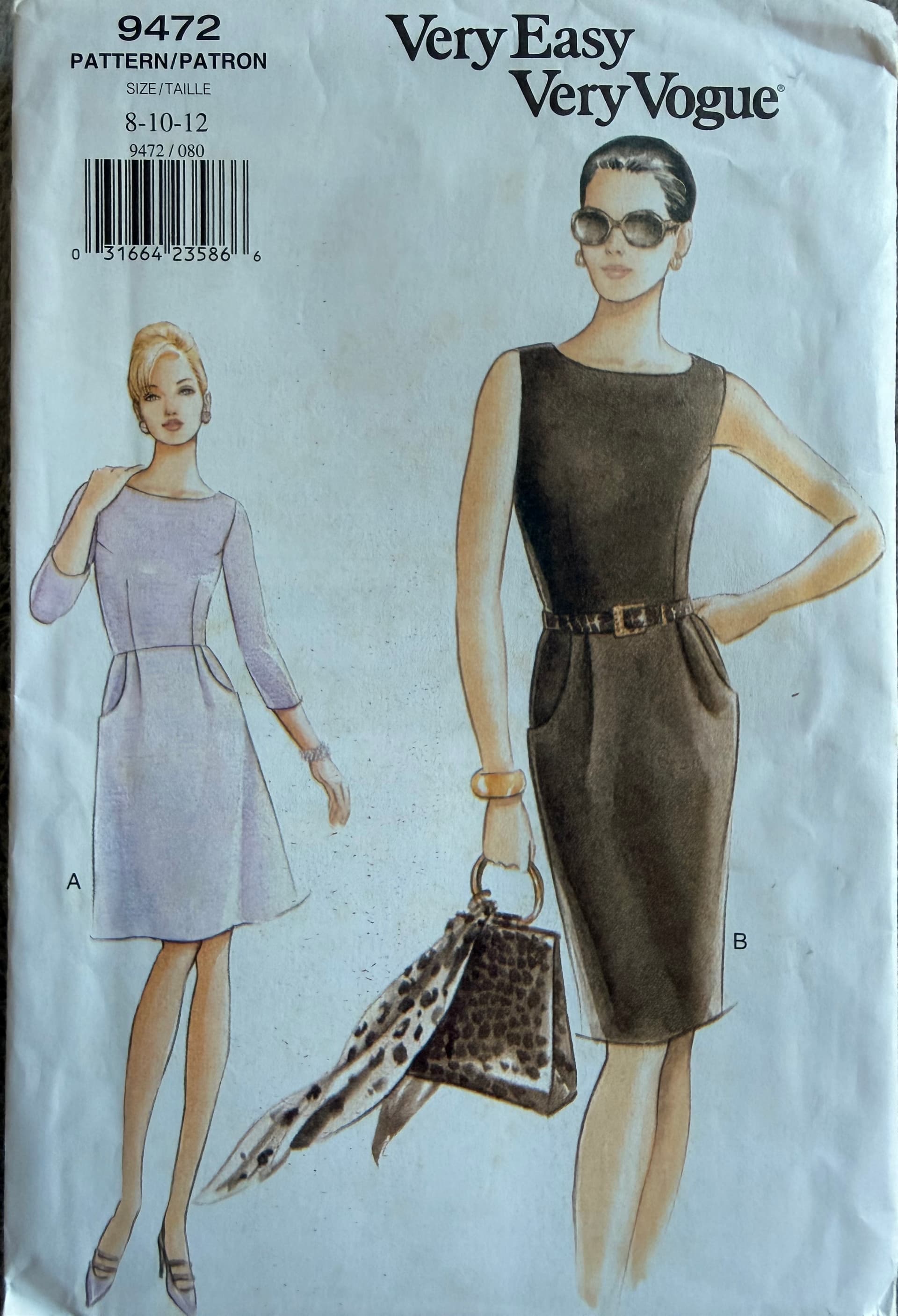 Sewing pattern Vintage Vogue 9472, above knee dress, with fitted lined bodice, size 8-12