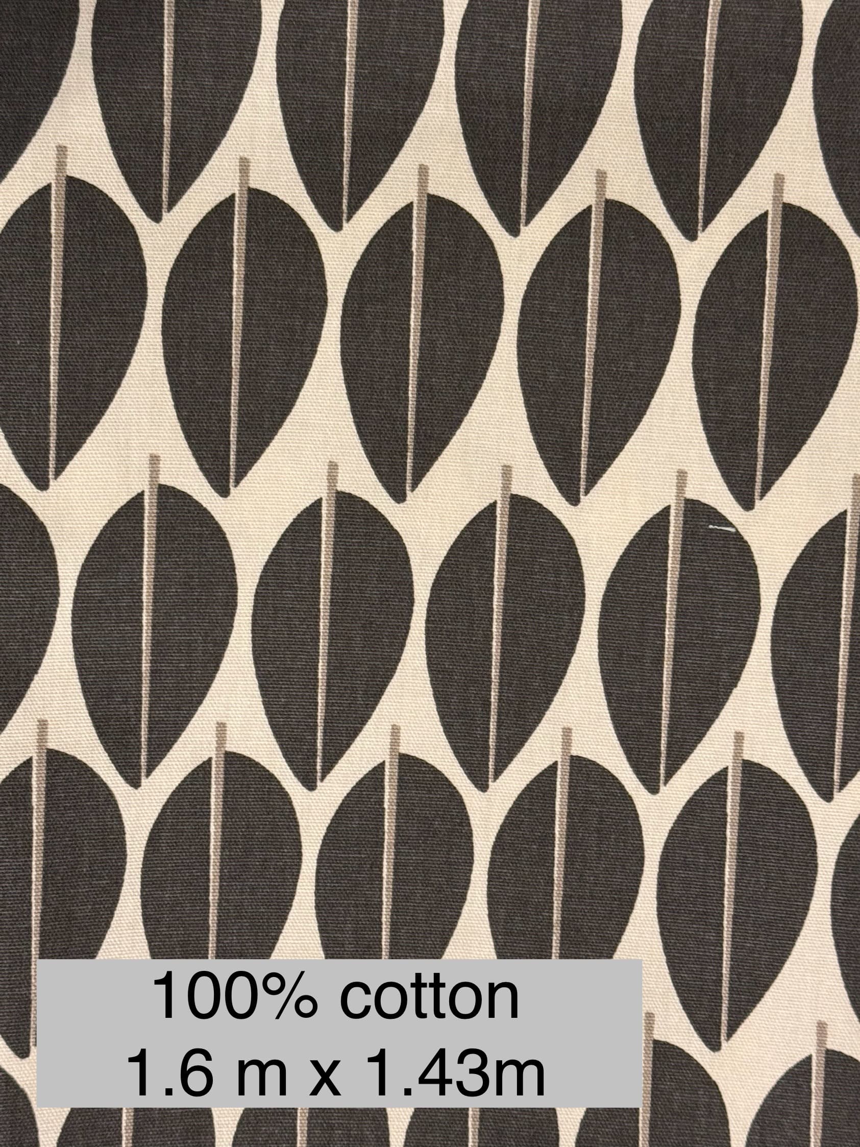1.6m remnant 100% Cotton, Fairtrade, BCI, basic leaf print, black on cream, medium weight upholstery fabric