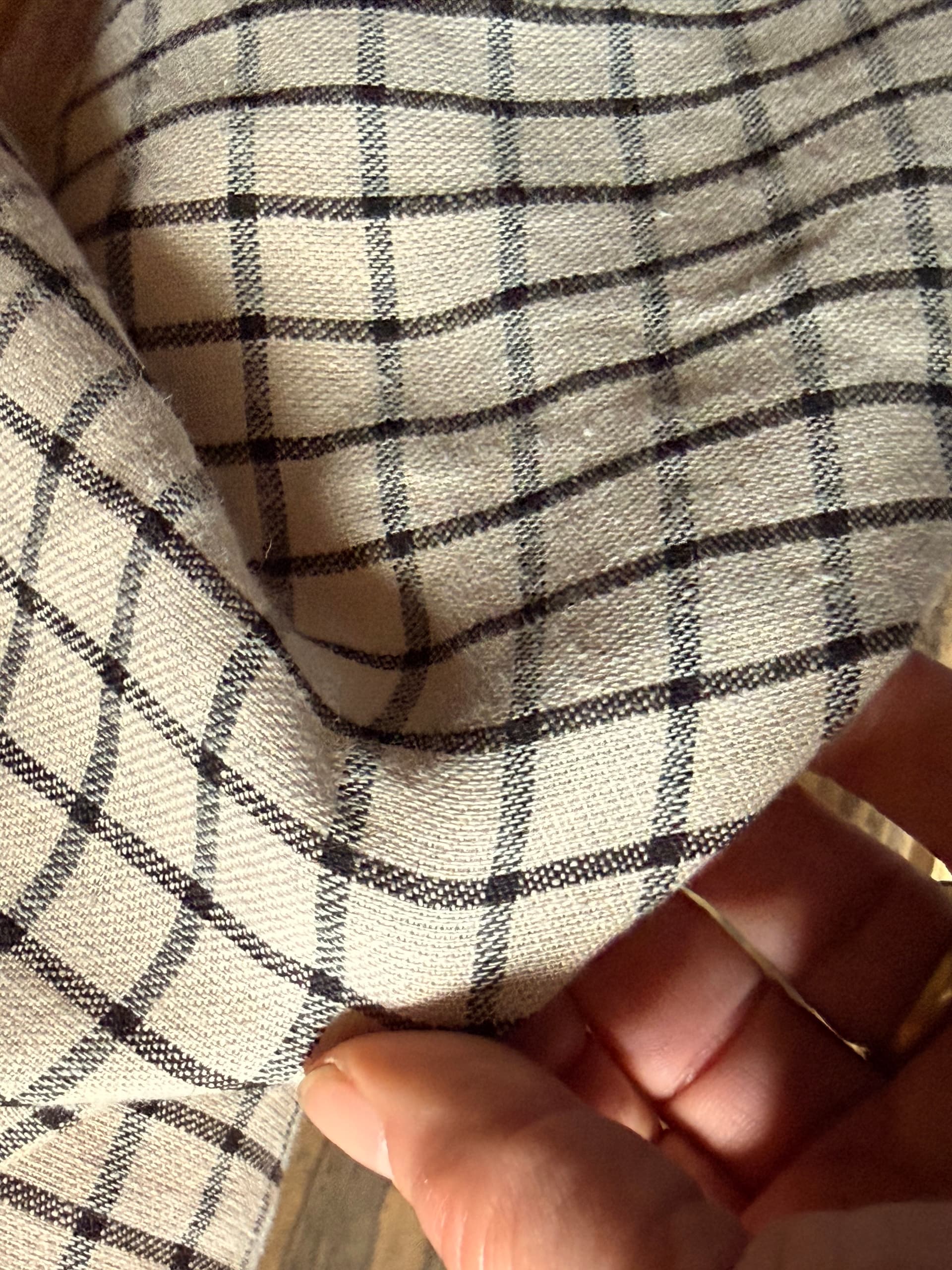 80% Linen/20% Cotton blend, cream background with black stripe check