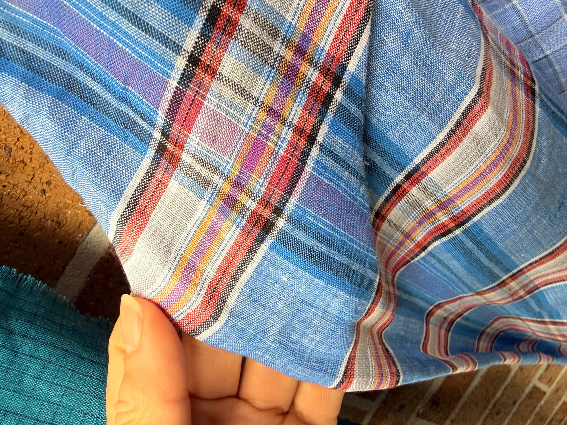 100% Linen, blue multicoloured check, Japanese milled, yarn dyed
