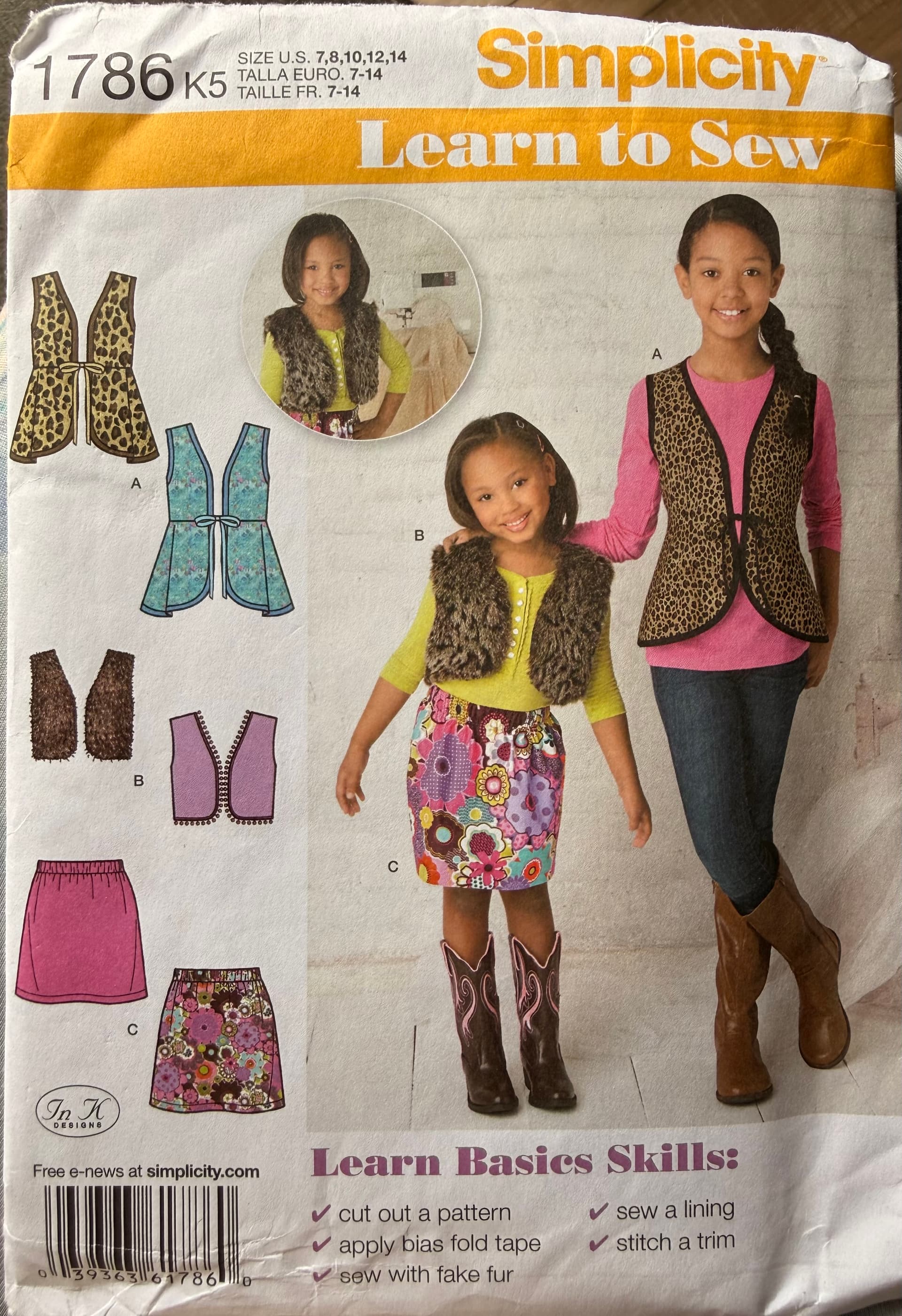 Simplicity 1786 - learn to sew, vest and skirt, ages 7-14, girls
