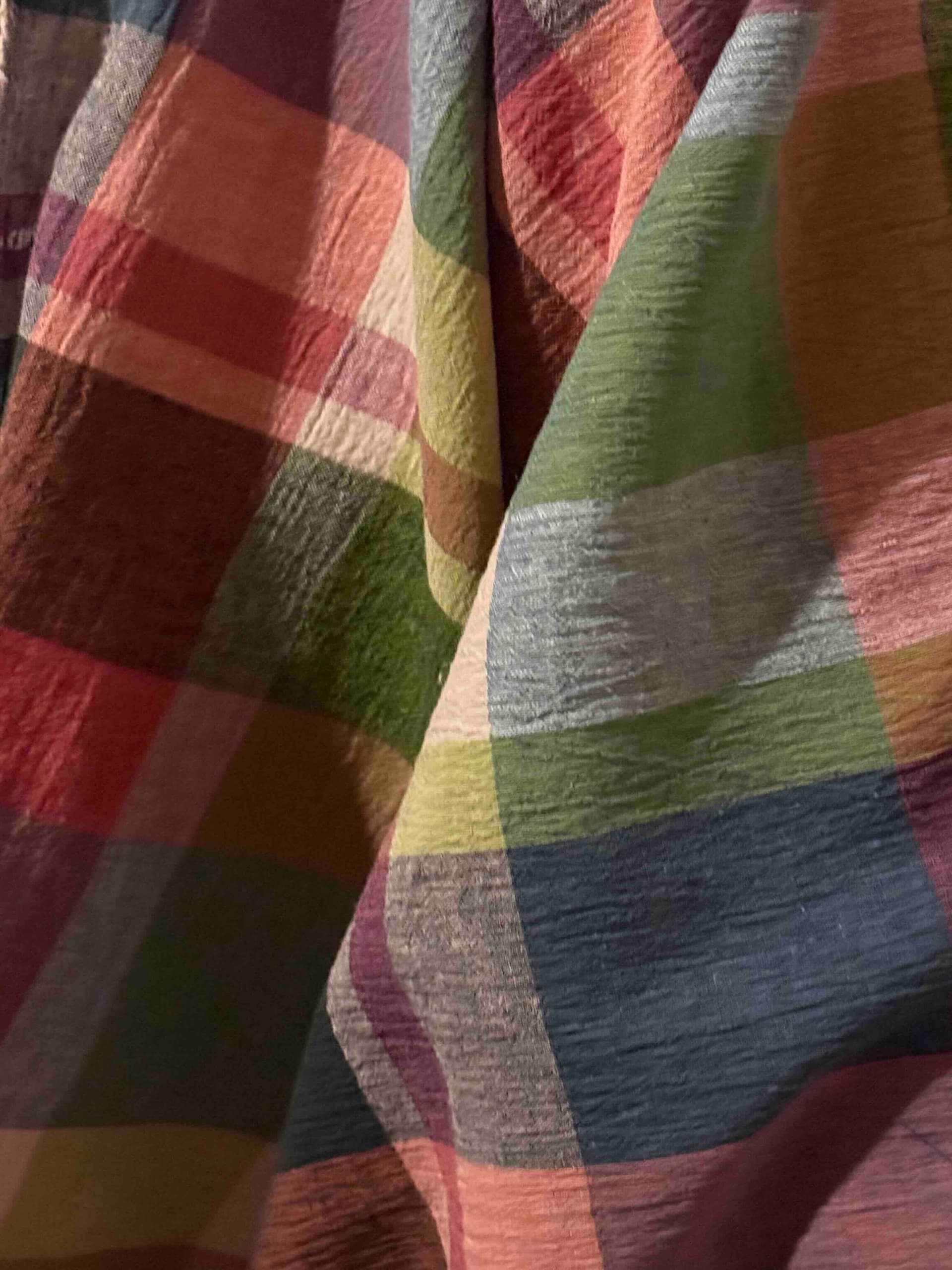 55% linen, 45% cotton blend, teal and pink weave fabric with a crushed look finish