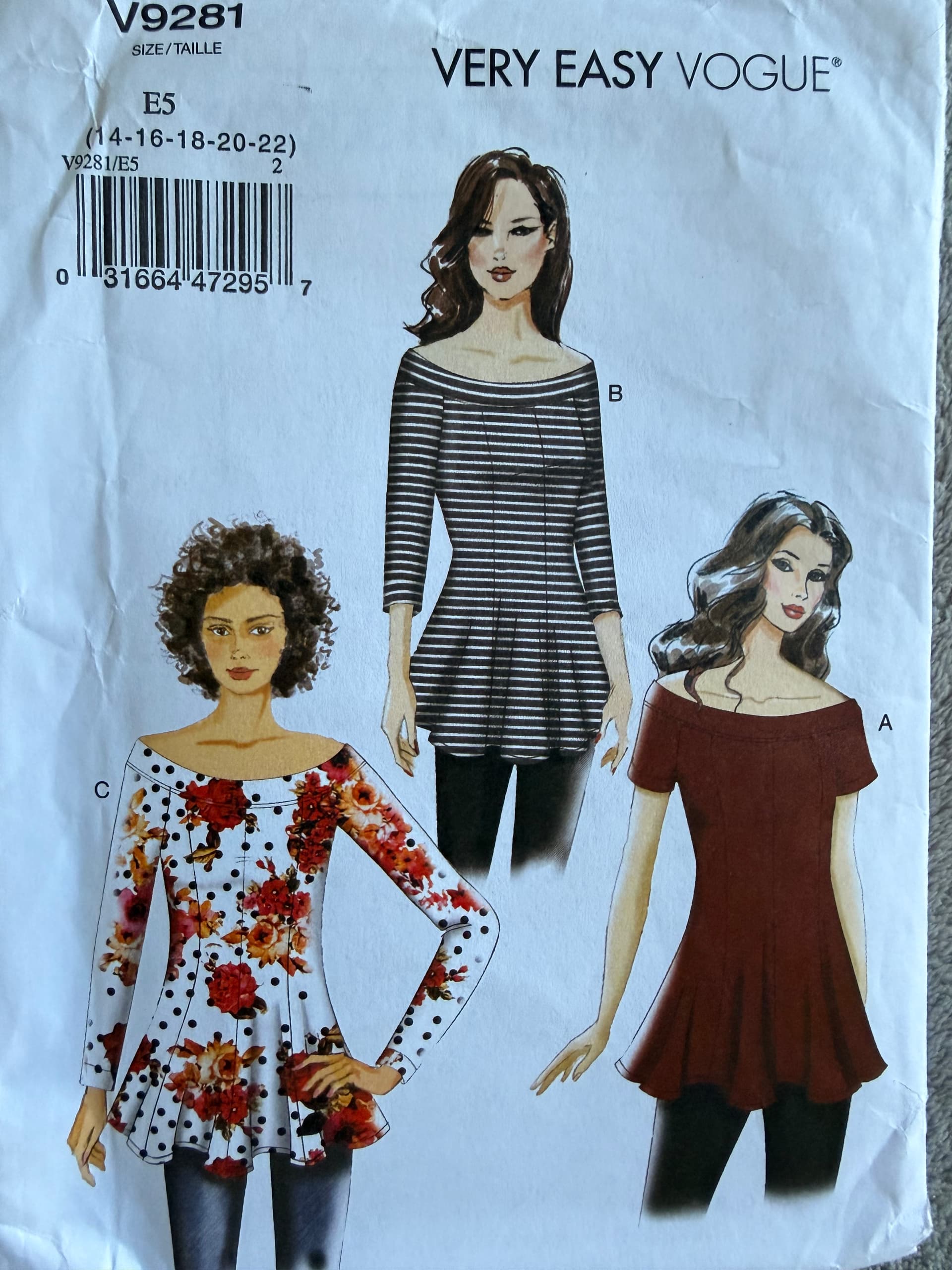 Sewing Pattern Vogue 9281 easy knit top, Size 14-22