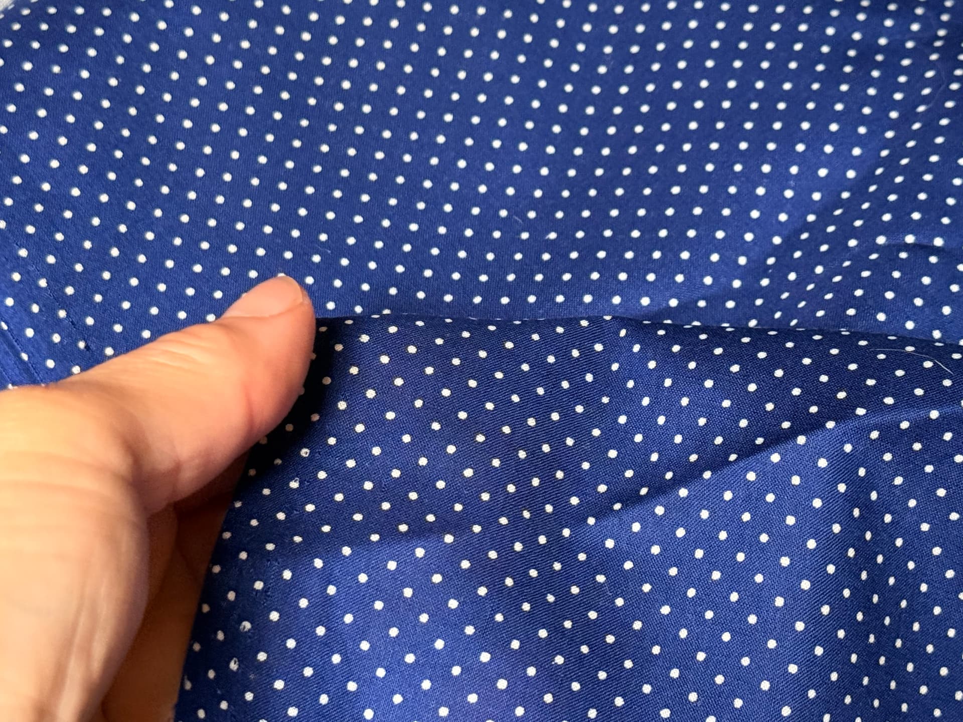 Vintage. Tiny white polka dot on navy. Milled in Hong Kong