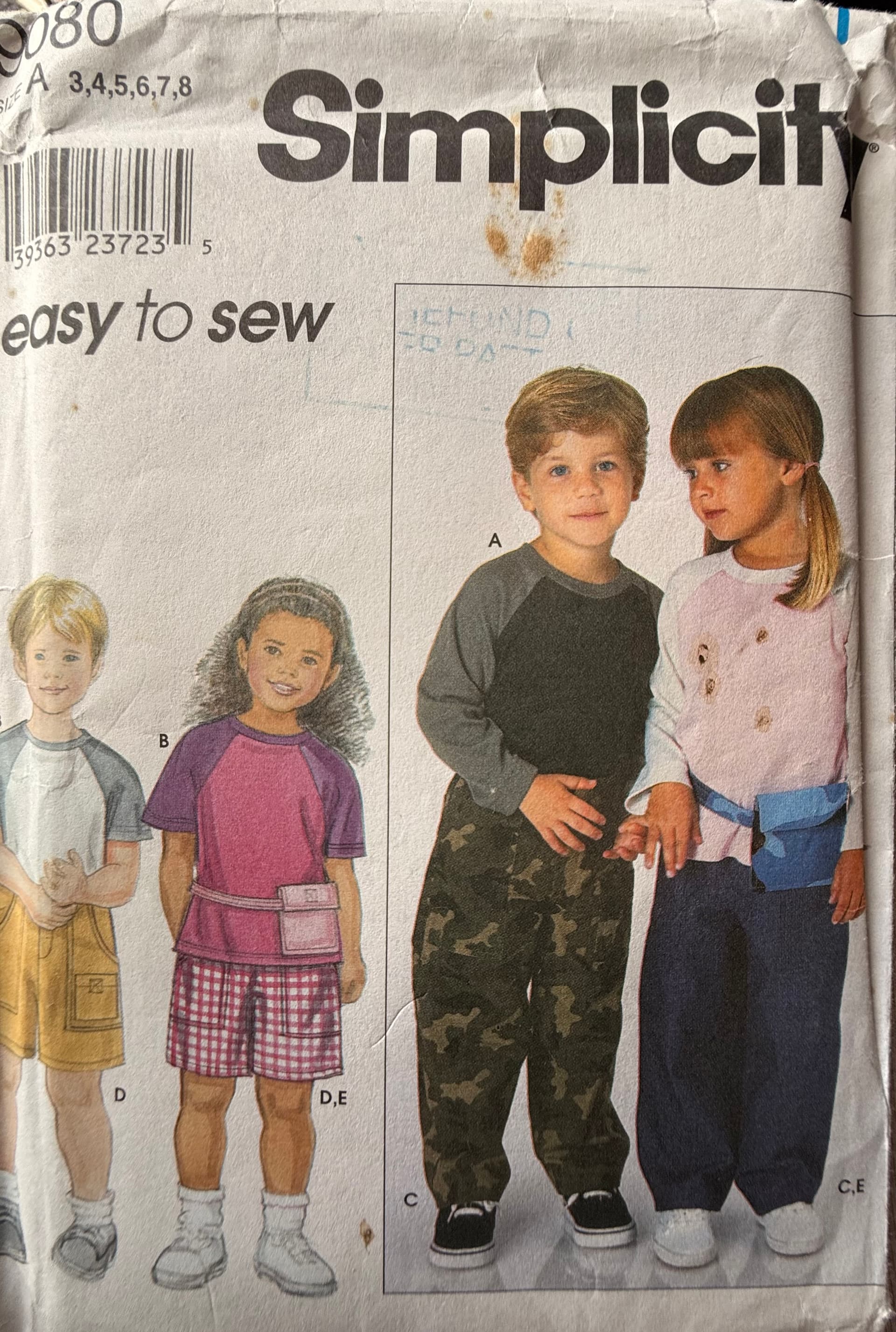 Sewing Pattern Simplicity 9080 (kids) pants, top and bag, ages 3-8, boys and girls