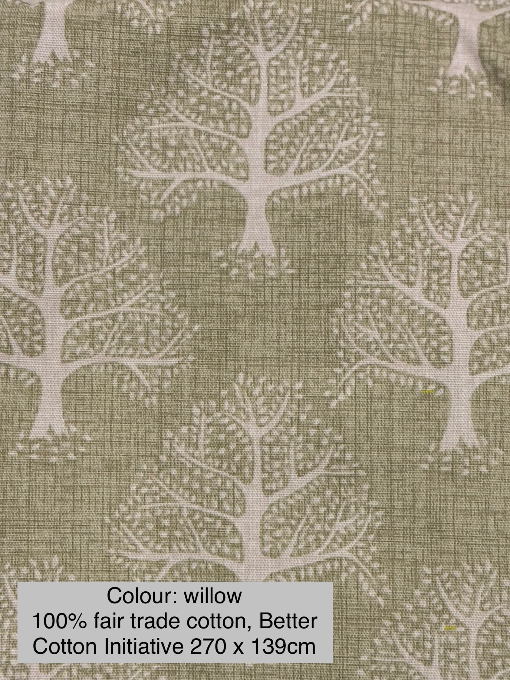 100% Cotton,Fairtrade, BCI, 2.7m remnant, green, tree print, medium weight upholstery fabric