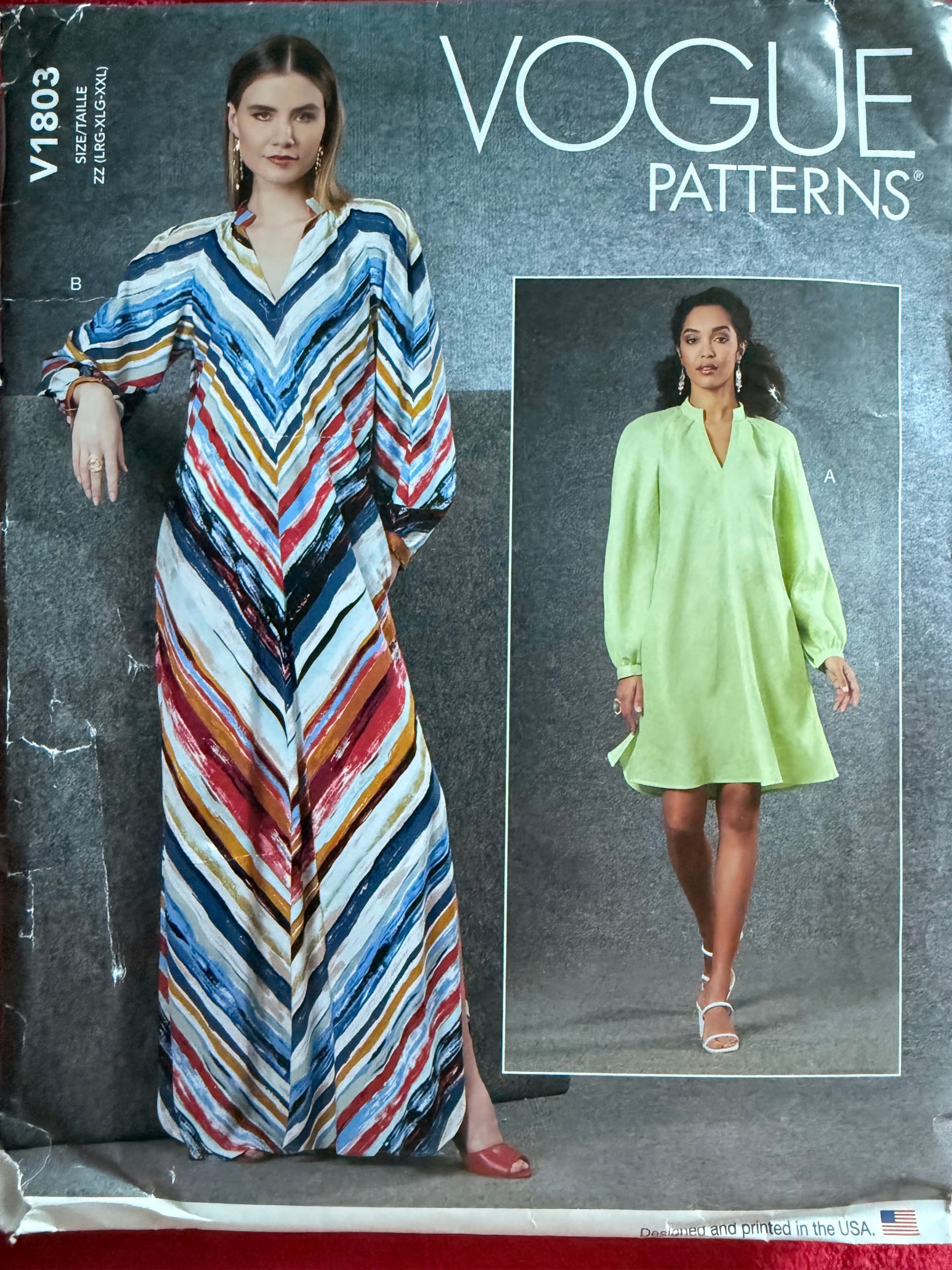 Sewing pattern Vogue 1803, Size L-XXL. Shift dress/caftan with long and short variation.