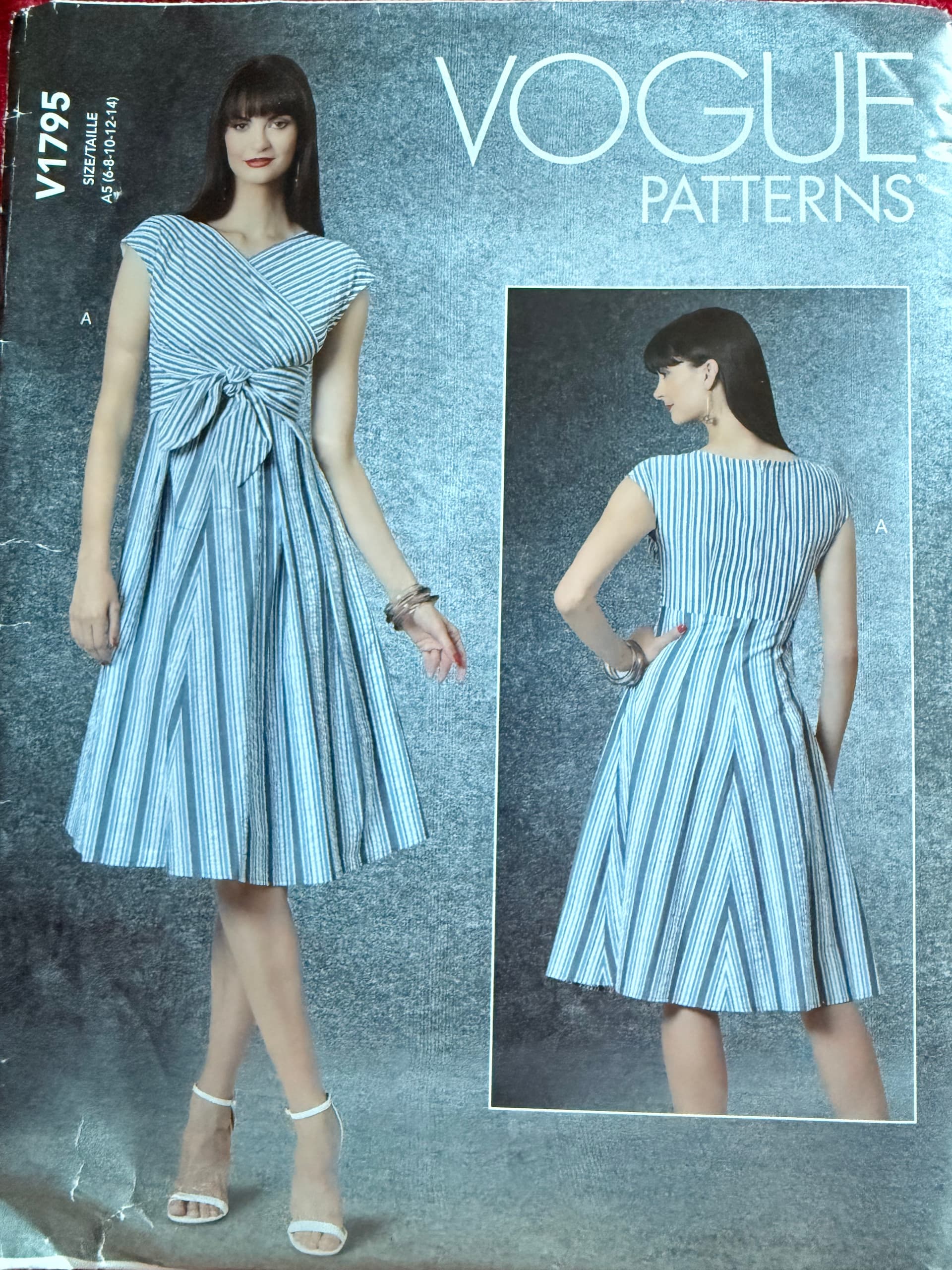 Sewing pattern Vogue 1795, Size 6-14. Easy for an upcycled project. Knee length dress with variations
