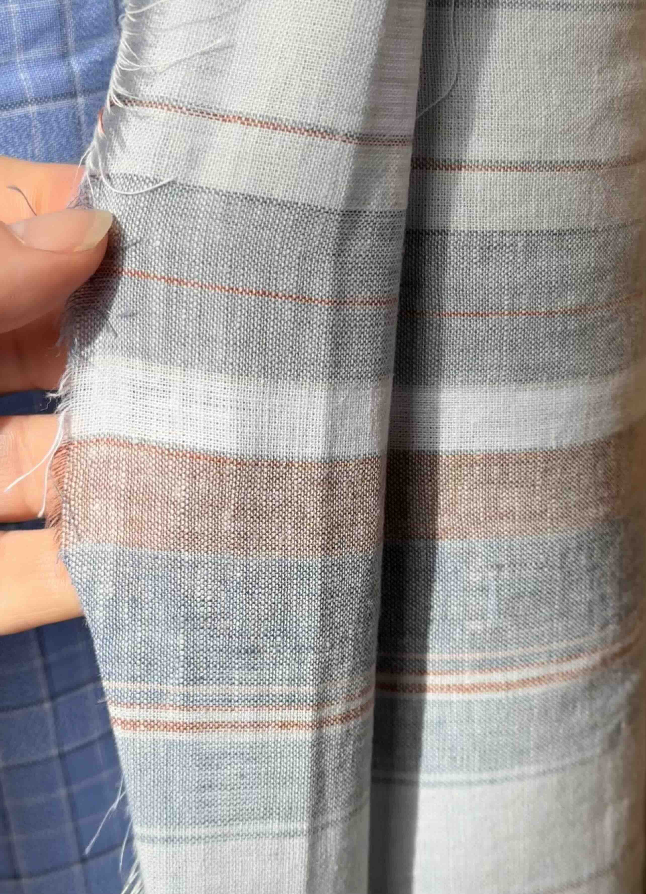 60% Cotton / 40% Linen blend fabric, striped grey, blue, brown and white