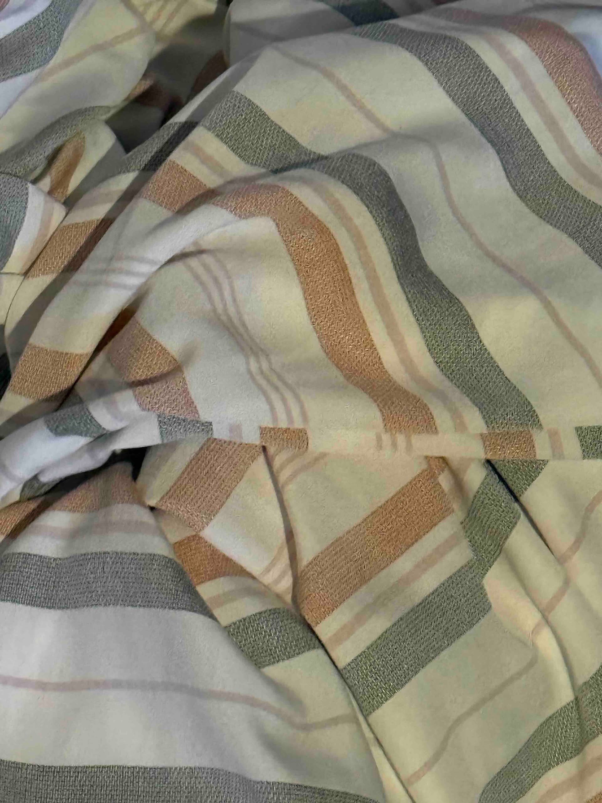 100% Viscose, striped cream, grey green and peach