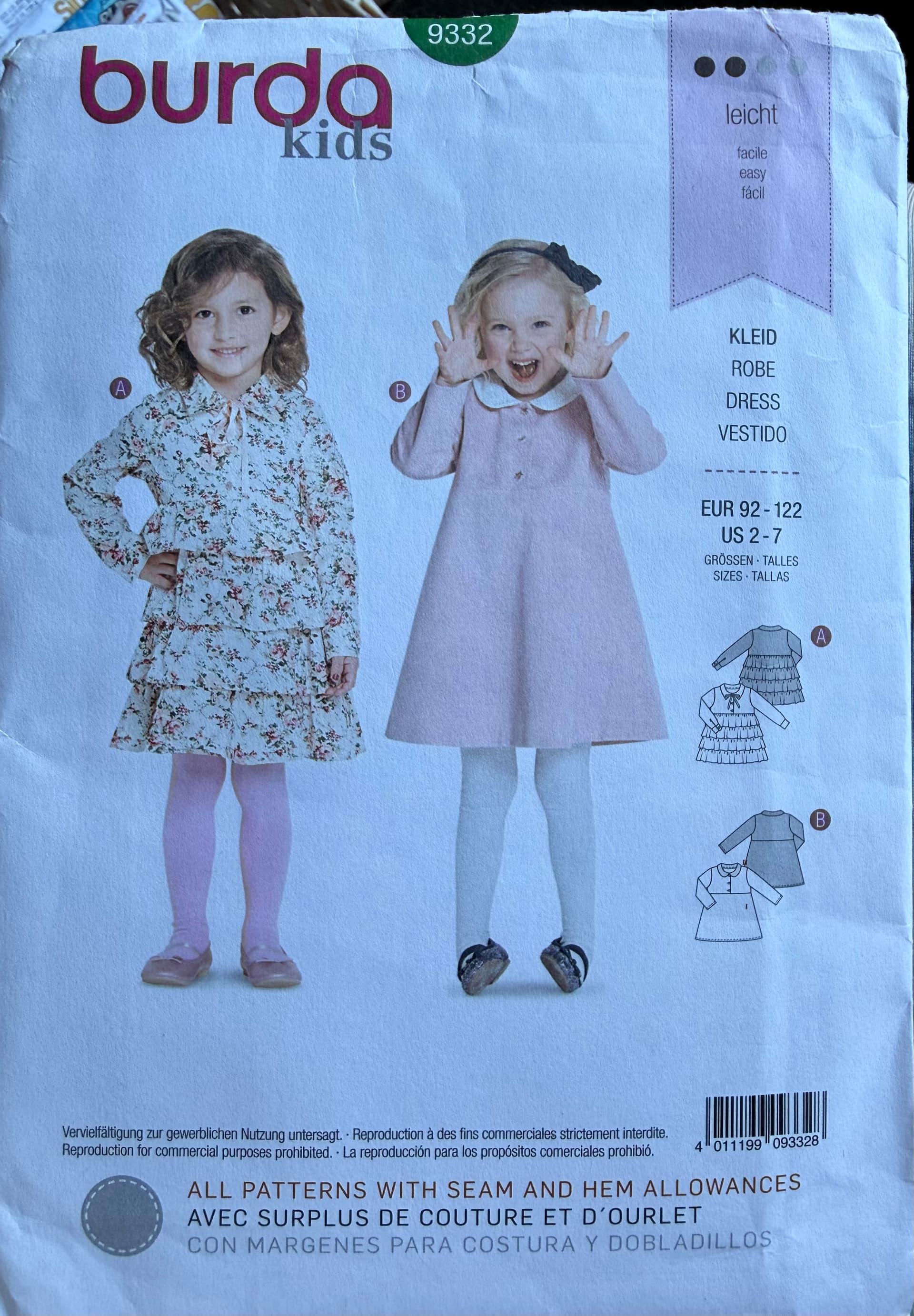 Sewing pattern Burda 9332 - little girl dresses, ages 2-7