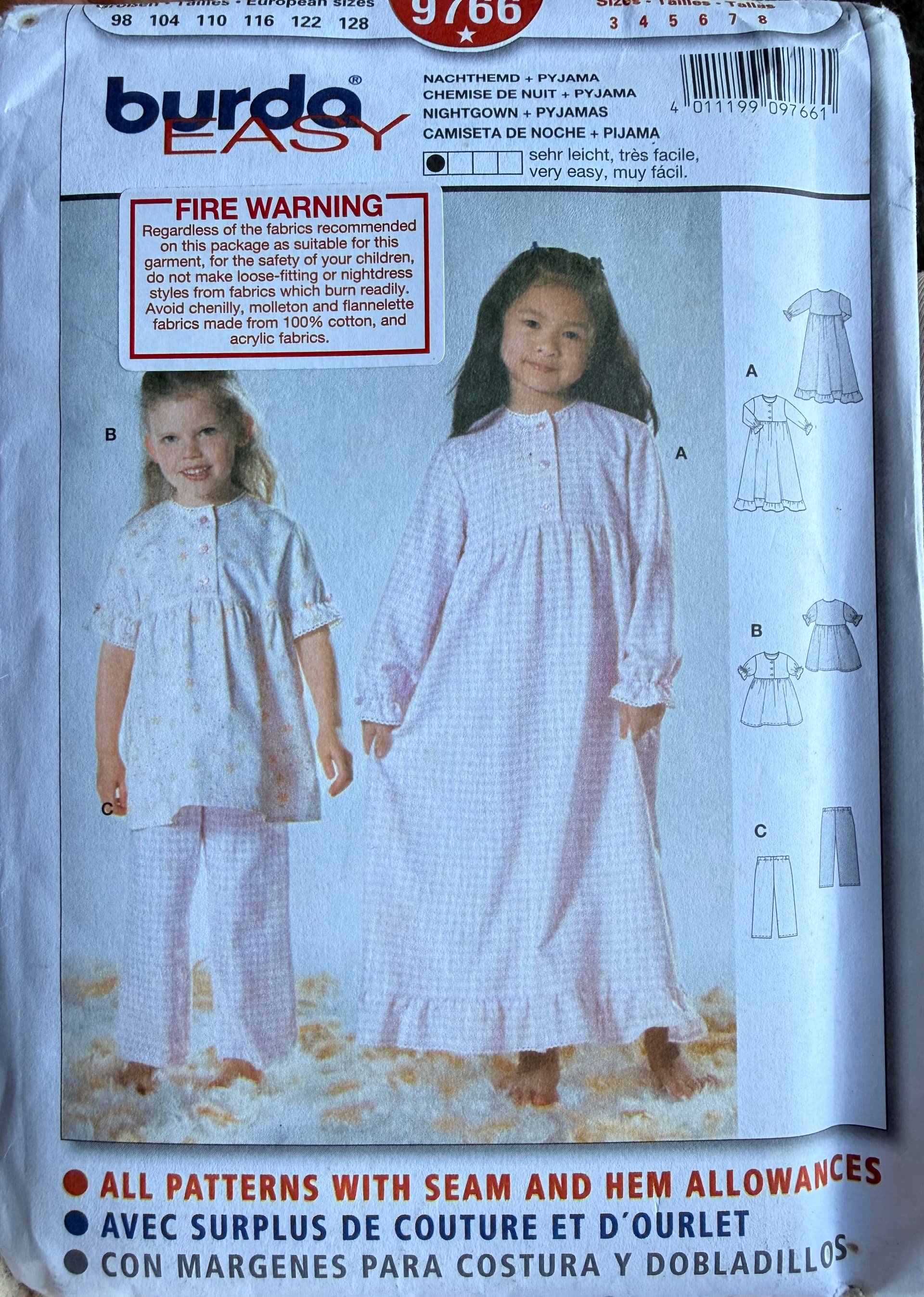 Burda pattern 9766 - pyjamas for little girls, ages 3-8