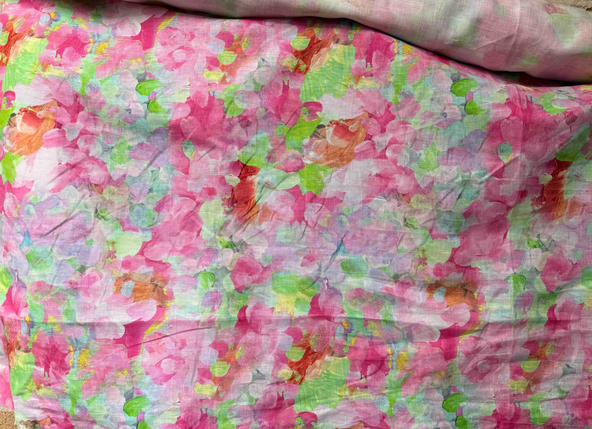 45% Cotton 55% linen blend, pink floral print