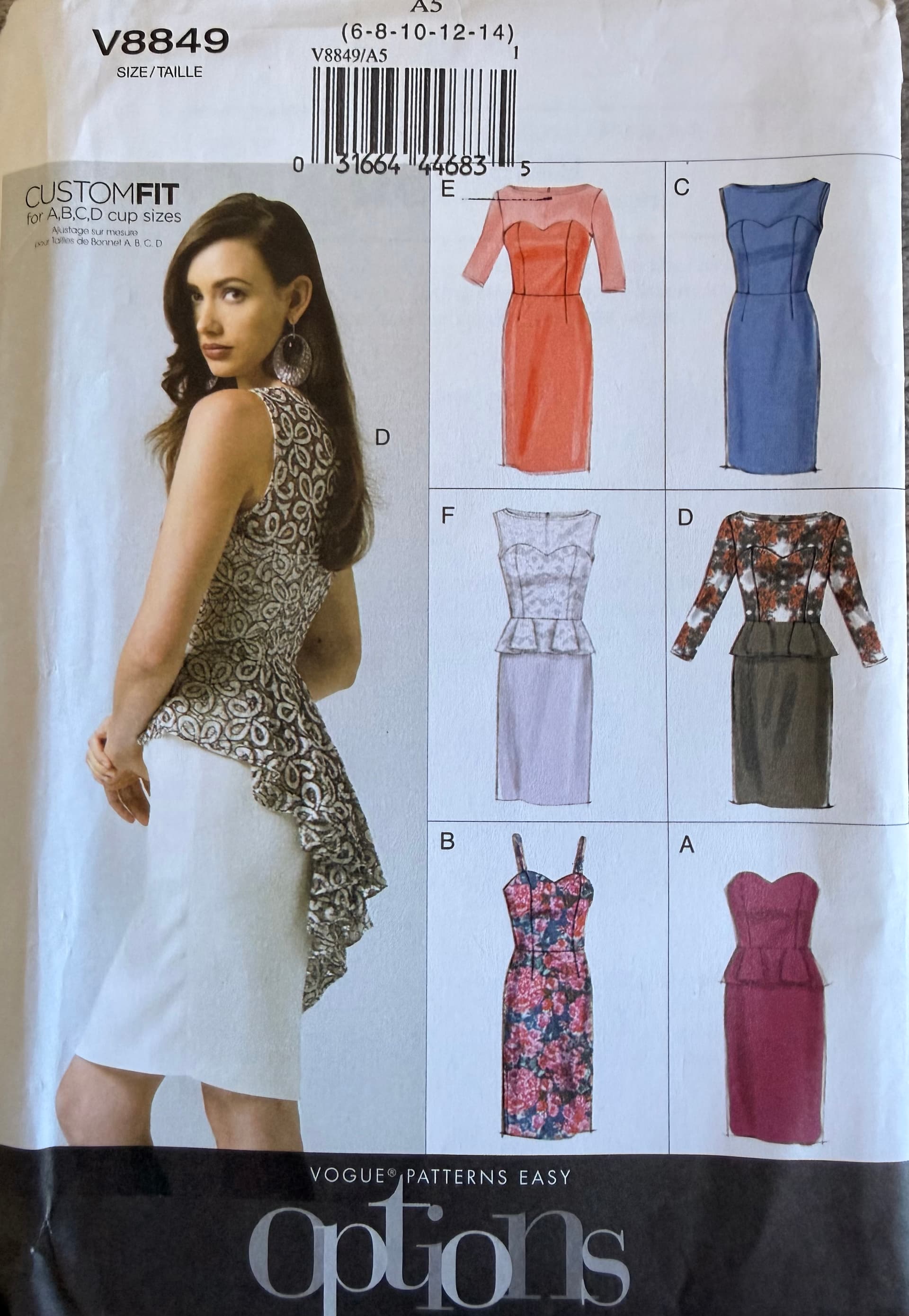 Sewing pattern Vogue v8849, dress with variations, size 6-14, custom fit cup A-D