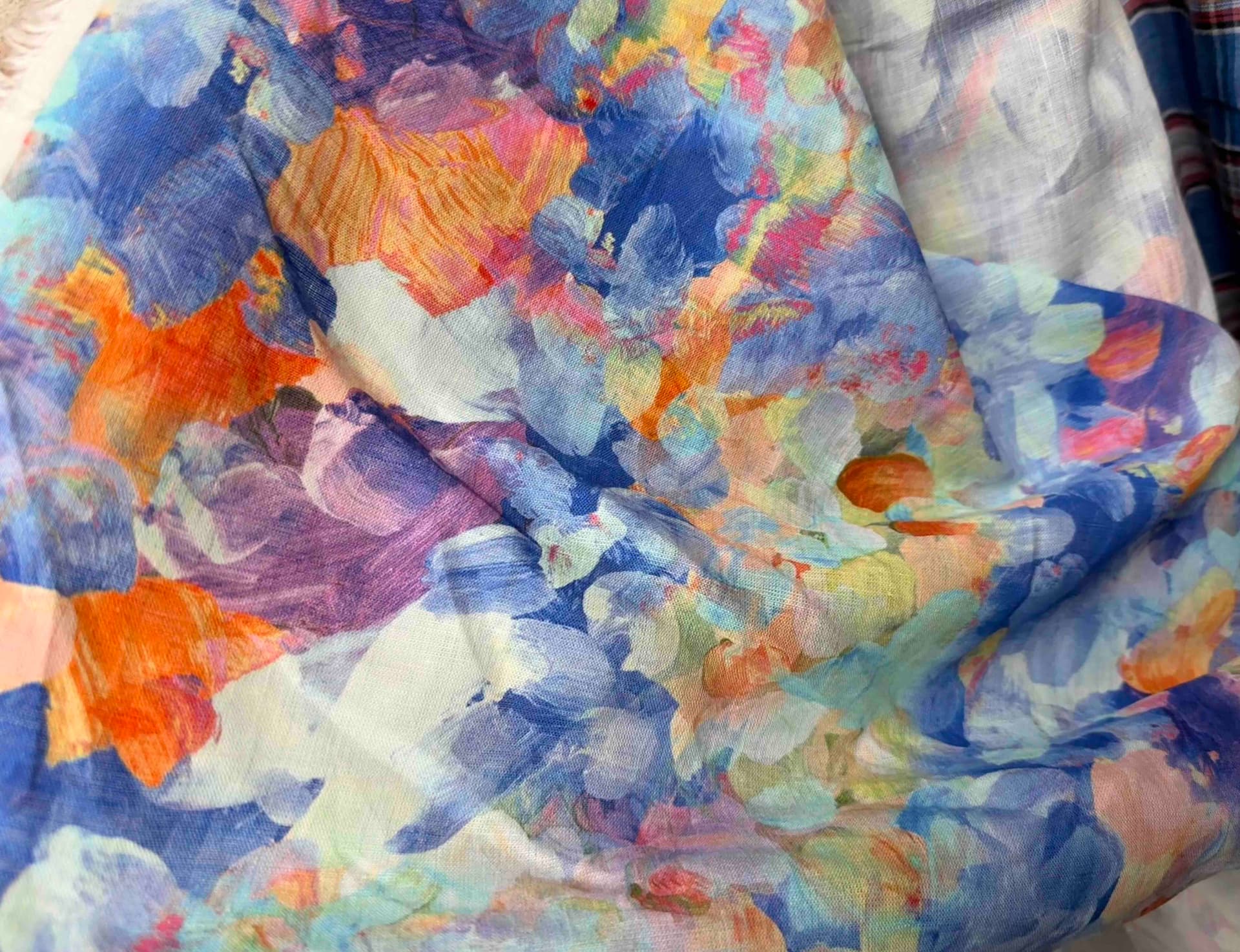 45% Cotton 55% Linen blend, floral print with blue and green tones
