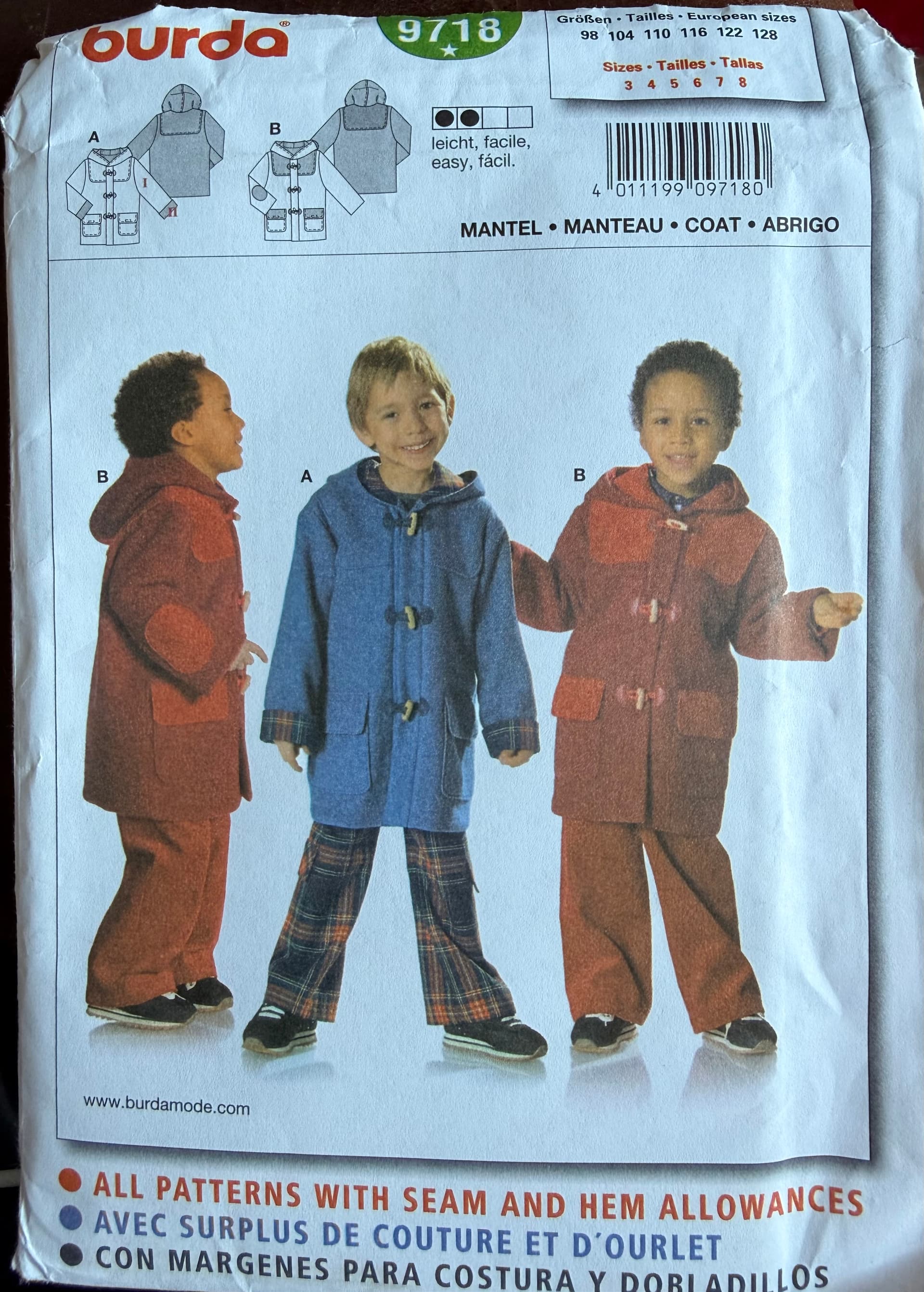 Burda 9718 patterns, boys coat, ages 3-8