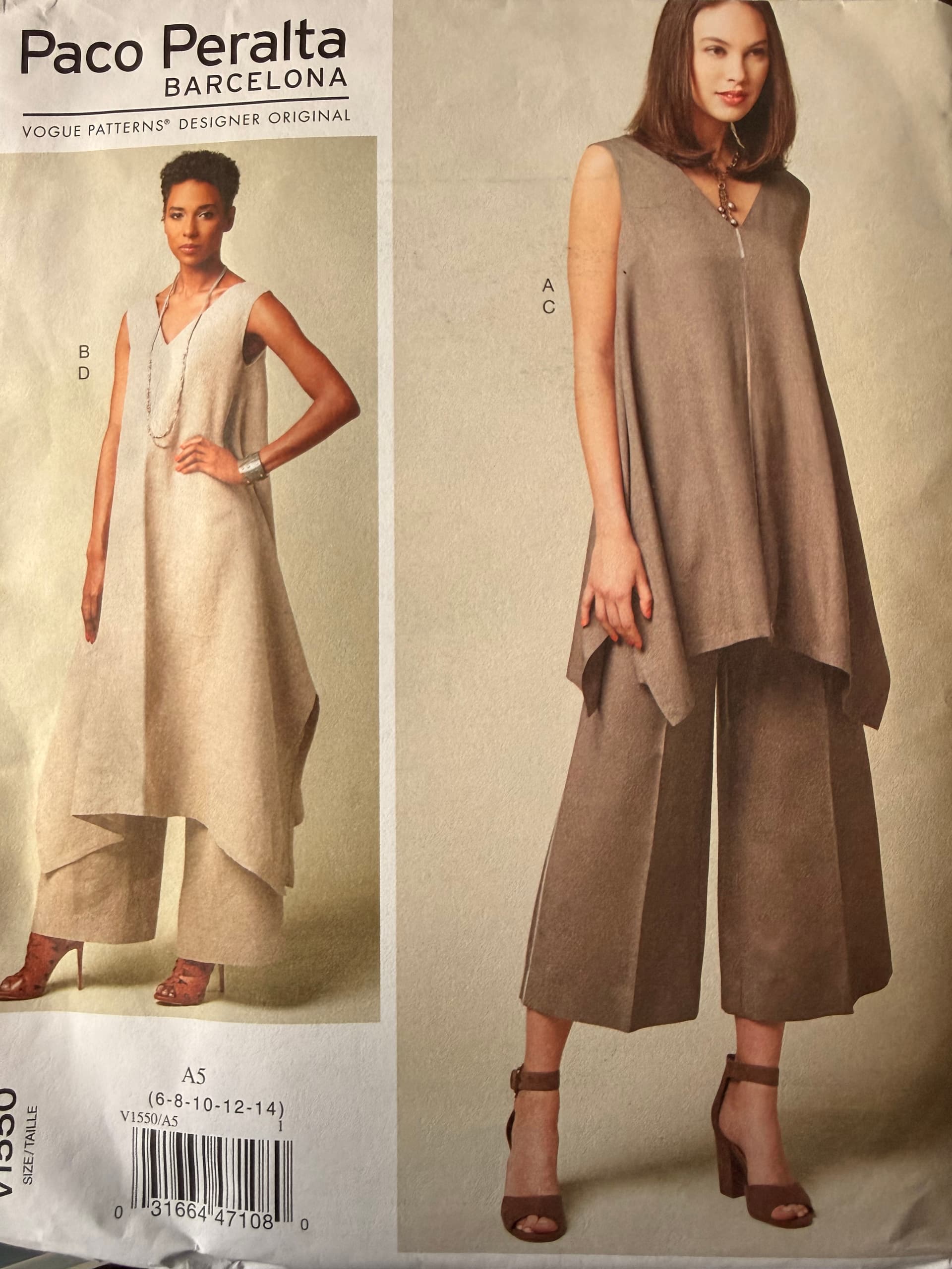Sewing pattern Vogue 1550, American Designer. Paco Paralta. Tunic with variations and pants. Size 6-14 Paco Peralta